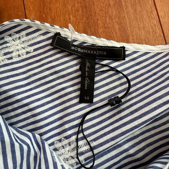 NWOT BCBGMAXAZRIA BCBG One Shoulder Embroidered Stripe Dress Blue Combo Size 14 - Picture 9 of 14